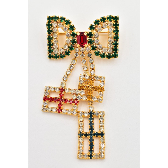 Vintage Crystal Christmas Bow Pin Brooch Rhinestone Dangle Gift Present BinBG - Picture 1 of 12